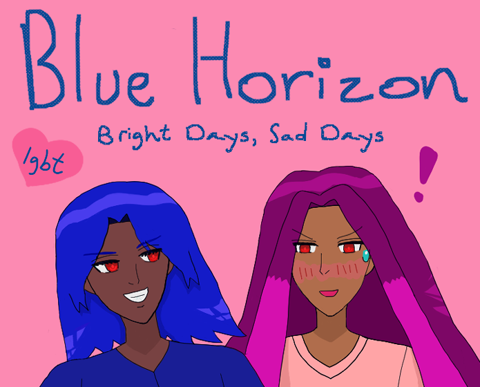 A panel from the new webtoon for my Blue Horizon series called Blue Horizon: Bright Days, Sad Days. The young man with blue hair like waves and blue panjabi Antonio Chandrani-Rivera is looking cockily with a grin at violet-and-pink-haired Alejandro Altaha, who's looking down and blushing with a sweatdrop. They both have red eyes.